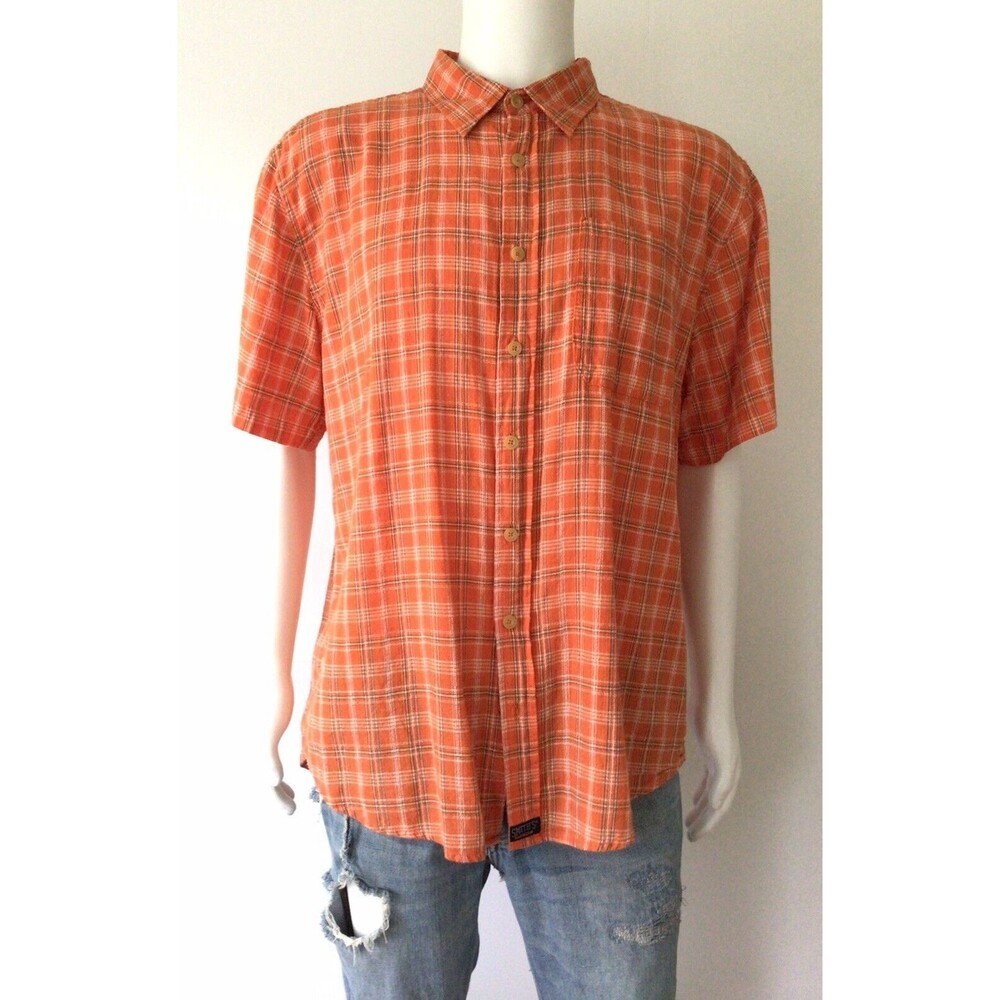 SMITH'S WORKWEAR Orange Plaid Short Sleeve Button-Up Casual Adult Shirt (Size XL